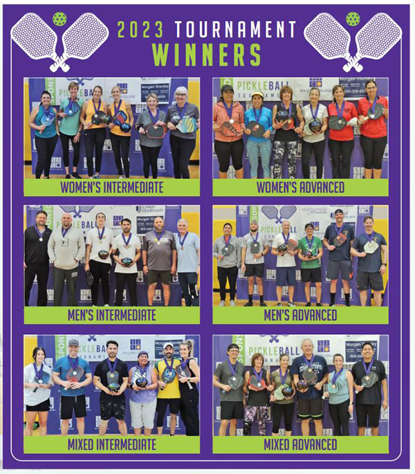 Group of photos of women's, men's, and mixed intermediate and advanced team tournament winners