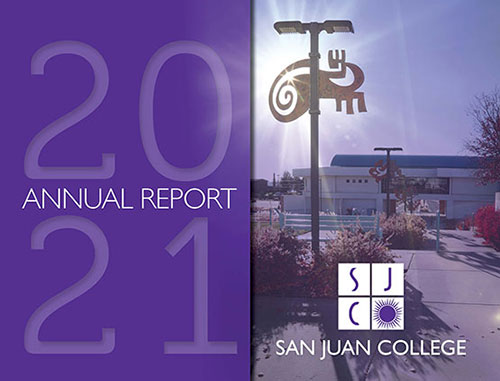 Cover of 2021 Annual Report with SJC light medallions and buildings and