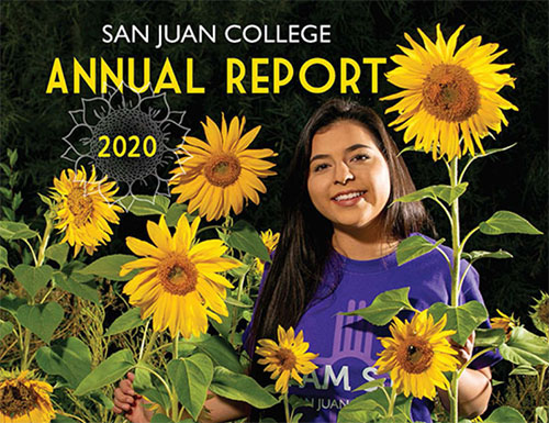 Student in field of sunflowers on the cover of the San Juan College 2020 Annual Report
