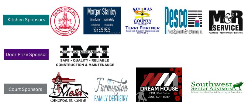 ponsor logos include big red tool inc, PESCO, M&R Plumbing, Morgan Stanley, Terri Fortner, Industrial Mechanical Inc, La Mesa Chiropractic Center, Farmington Family Dentistry, New Mexico Dream House, and Southwest Senior Advisors